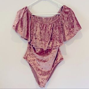 Crushed Velvet Off The Shoulder Ruffle Bodysuit